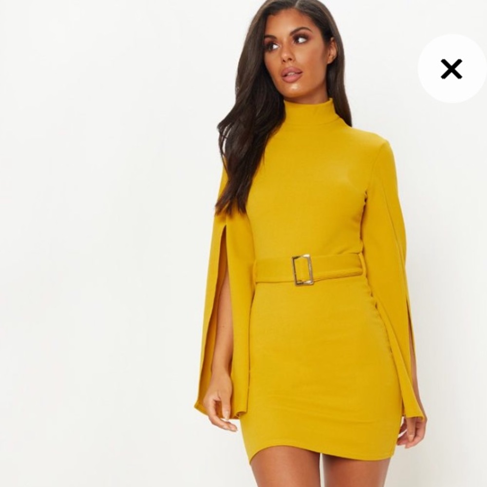 Mustard high neck split sleeve dress